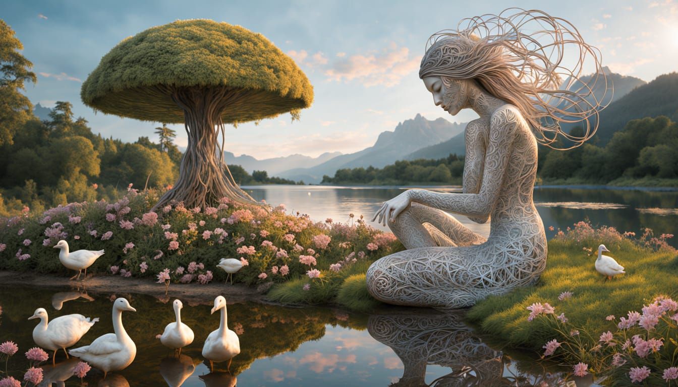 Surreal Bioart Sculpture of Female Figure Embracing Bird