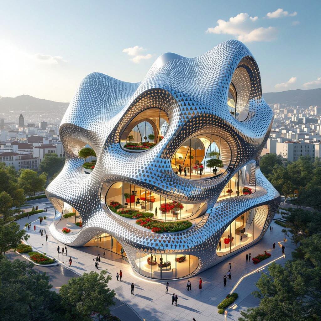 Futuristic Organic Skyscraper in Chrome Metal