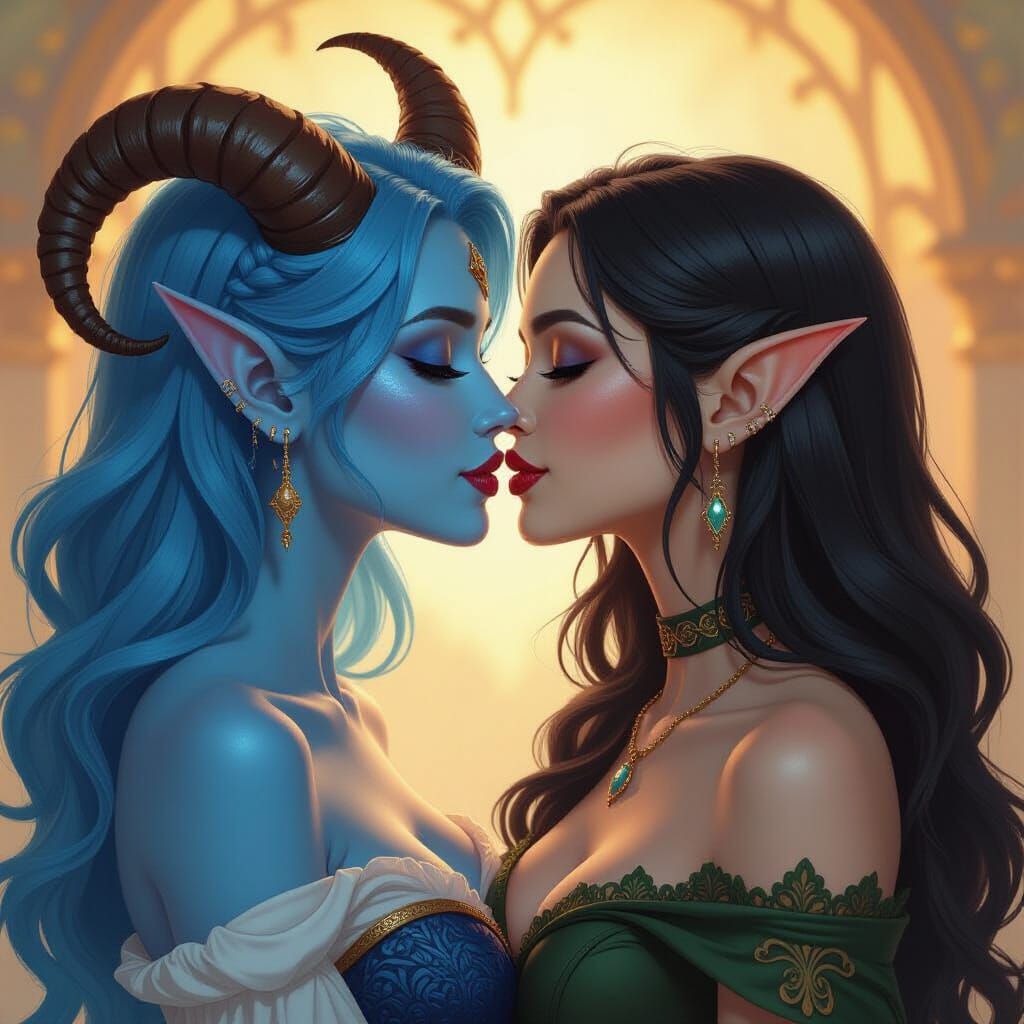 Romantic Kiss Between Tiefling and Elf in Photorealistic Sty...