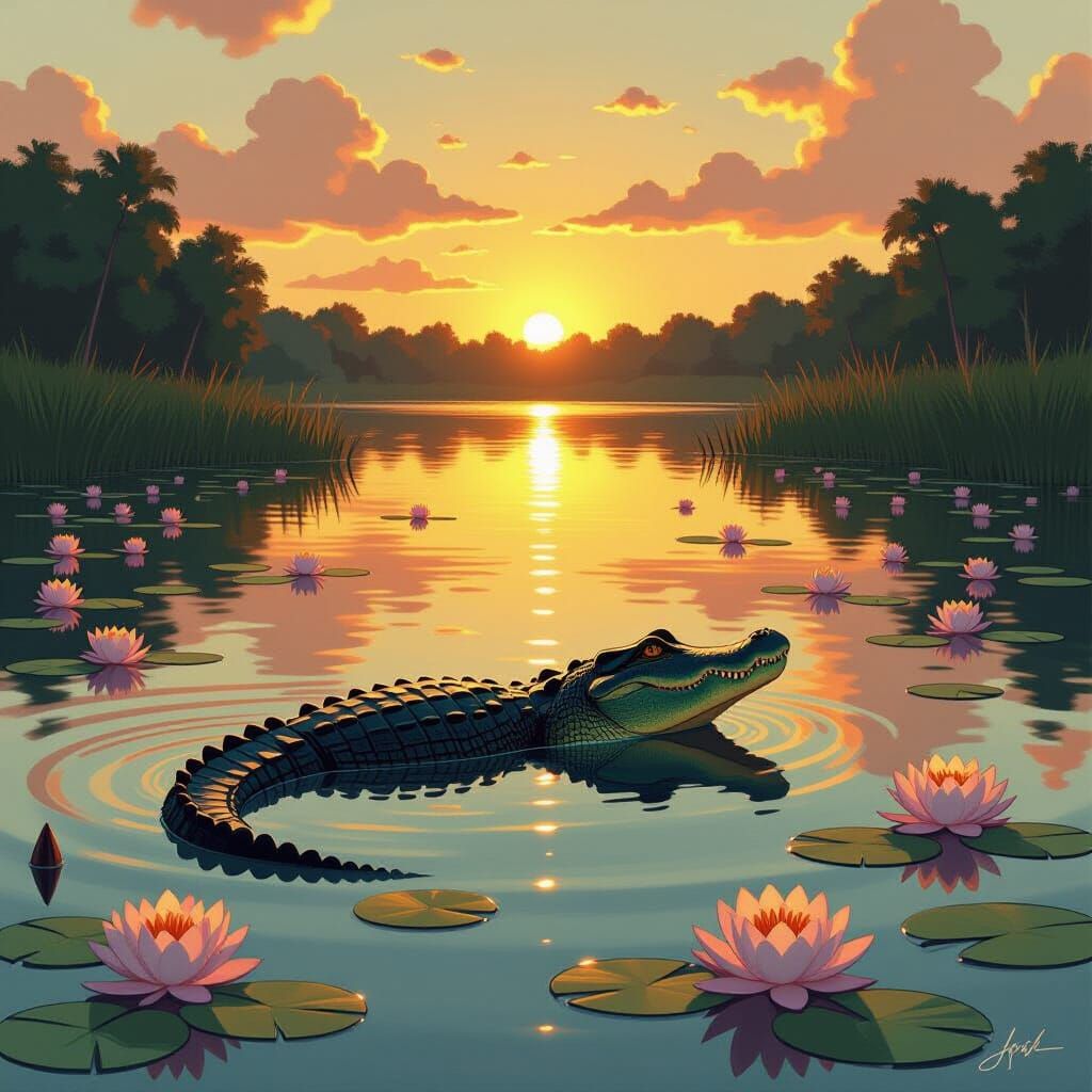 Crocodile Struggles in Lake at Evening: Digital Art