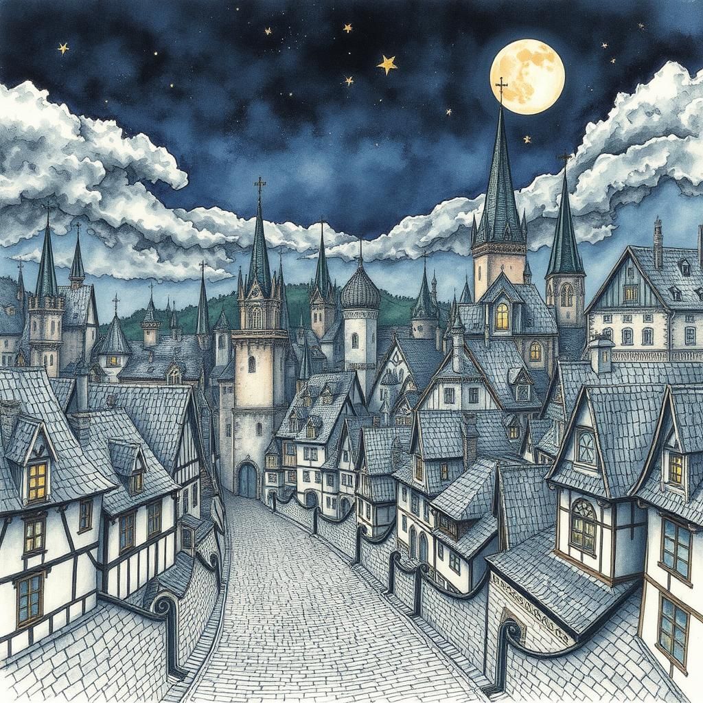 Medieval Town at Night in Detailed Watercolor Art