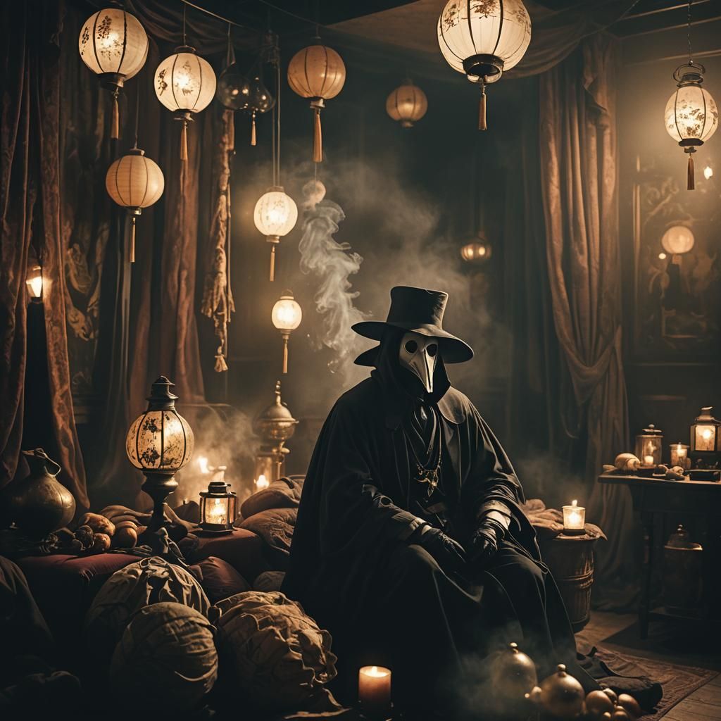 Plague Doctor in Opium Den: Film Noir Style