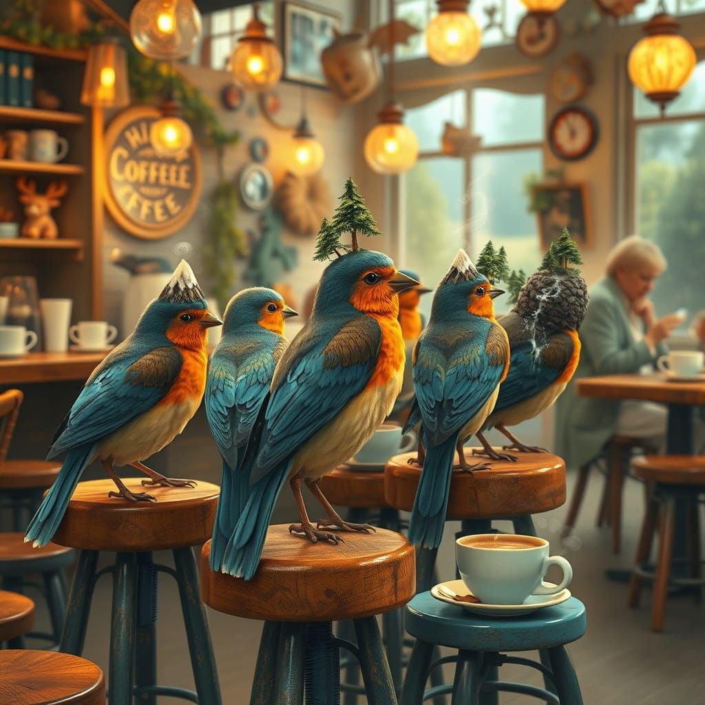 Birds Perched on Stools in Whimsical Coffee Shop