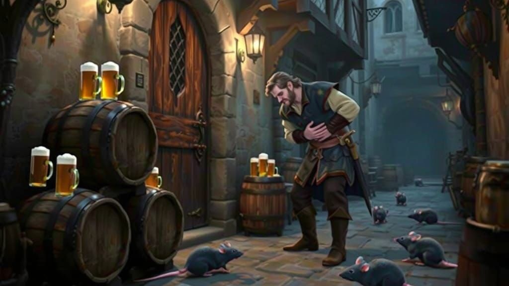 Fantasy Adventurer's Discomfort Outside Tavern in Dim Light