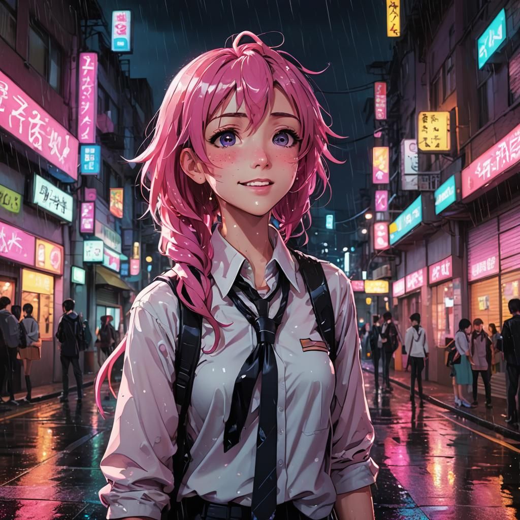 Anime Romance: Pink-Haired Girl Whispering in Neon Rain
