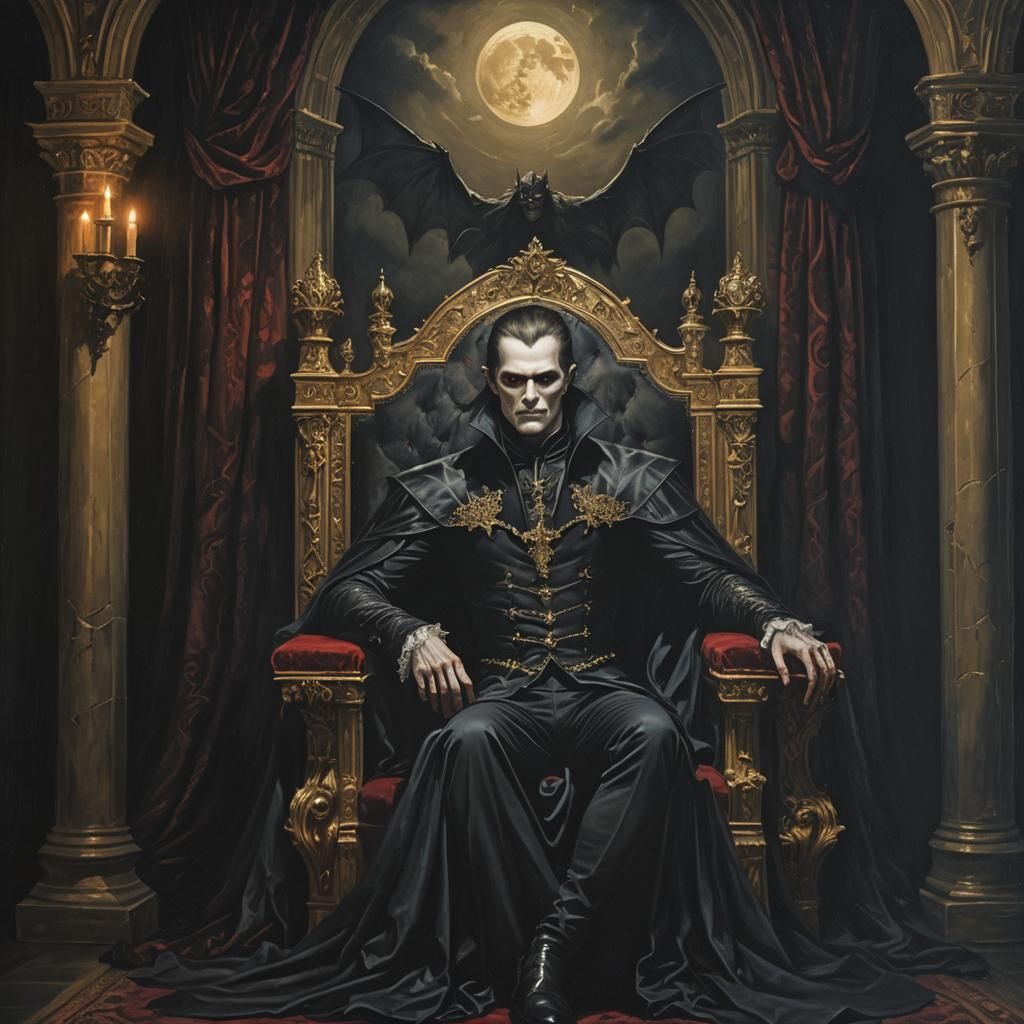Vampire King on Throne in Dark Fantasy Oil Painting