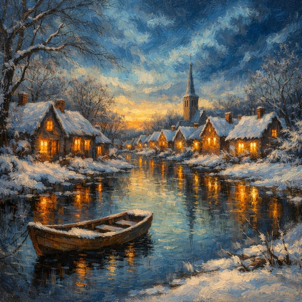 Poetic Winter Village Landscape at Dusk