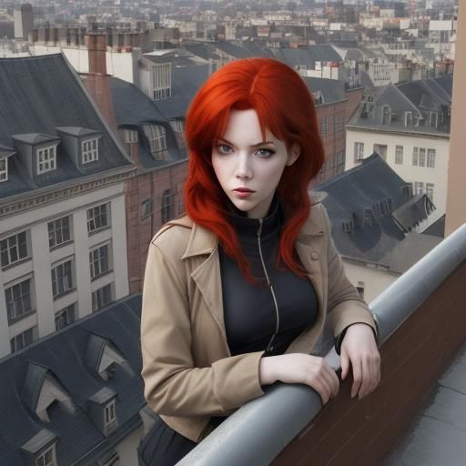 spy girl with red hair on the roof of a building