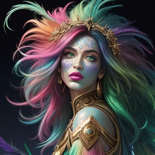 Iridescent Woman with Peacock Feathers, Hyperrealistic Art