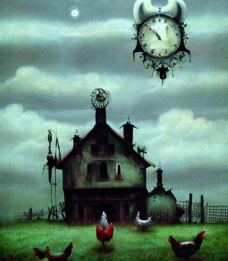 Sinister Neon Steampunk Farm in Gothic Fantasy Style