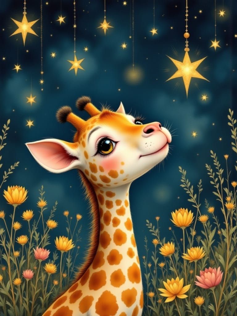 Baby Giraffe Glowing in Dreamy Night Meadow