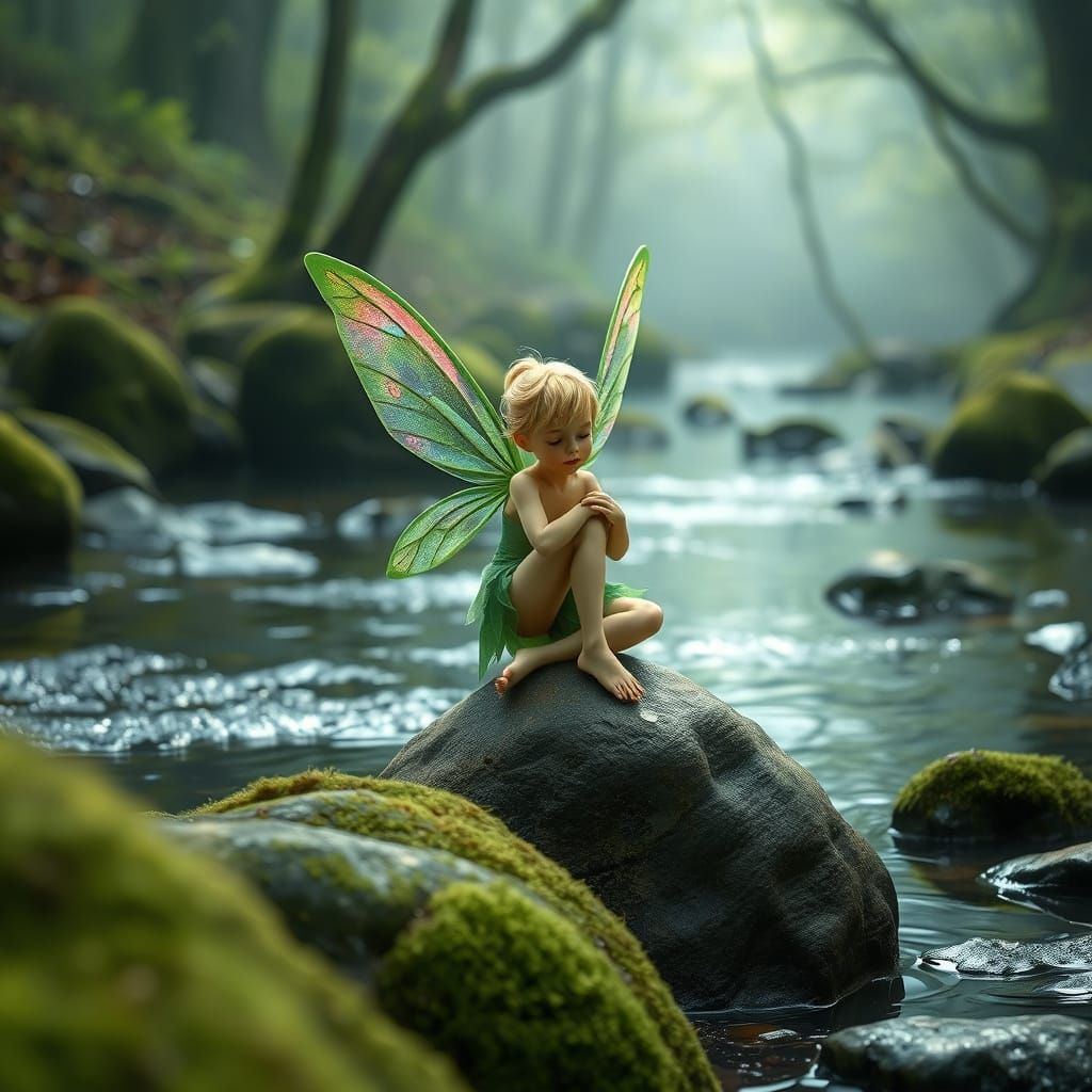 Green Fairy with Holographic Wings in Mossy Forest