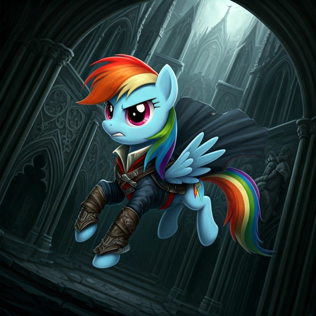 Ezio's Rainbow Pony Leaps Through Gothic Shadows