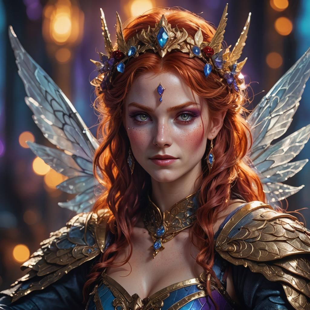 Red-Haired Fairy Warrior on Throne: Fantasy Art