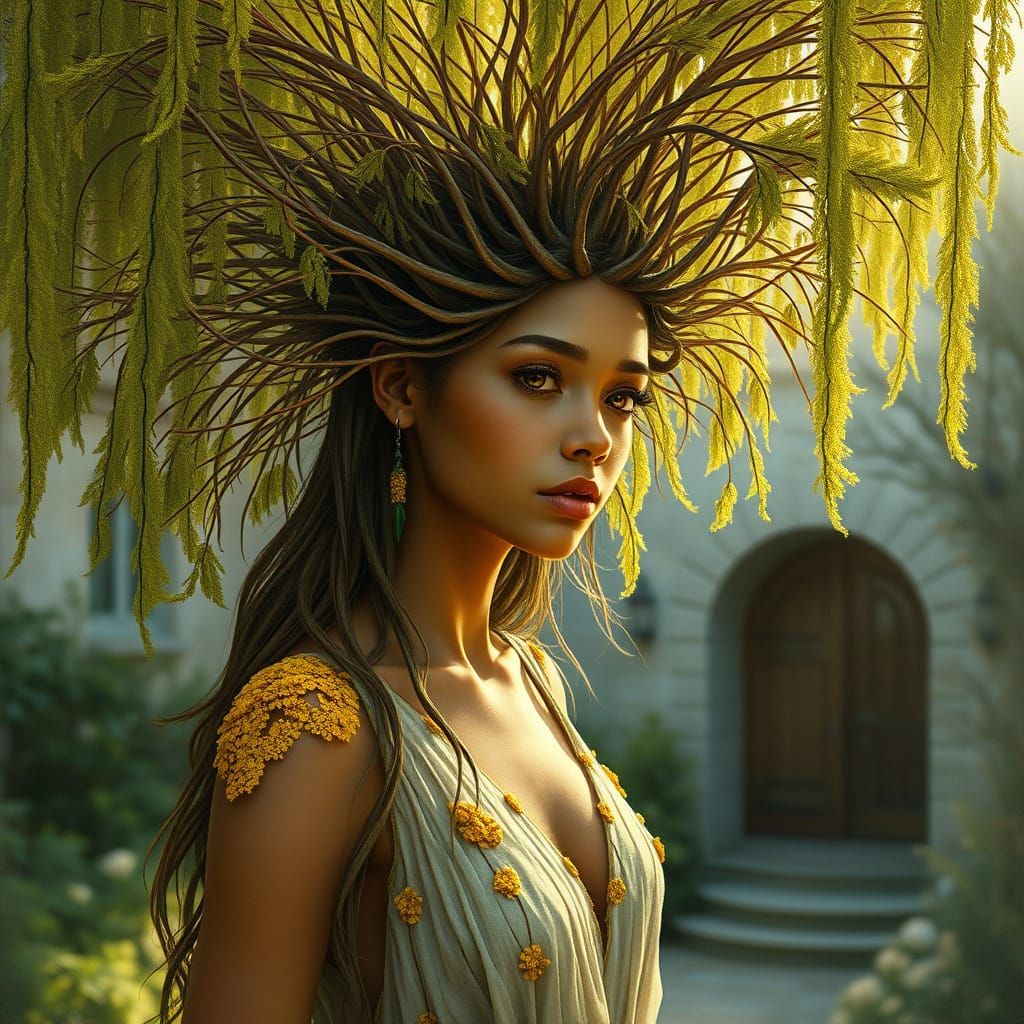 Enchanted Dryad Woman in Tranquil Courtyard