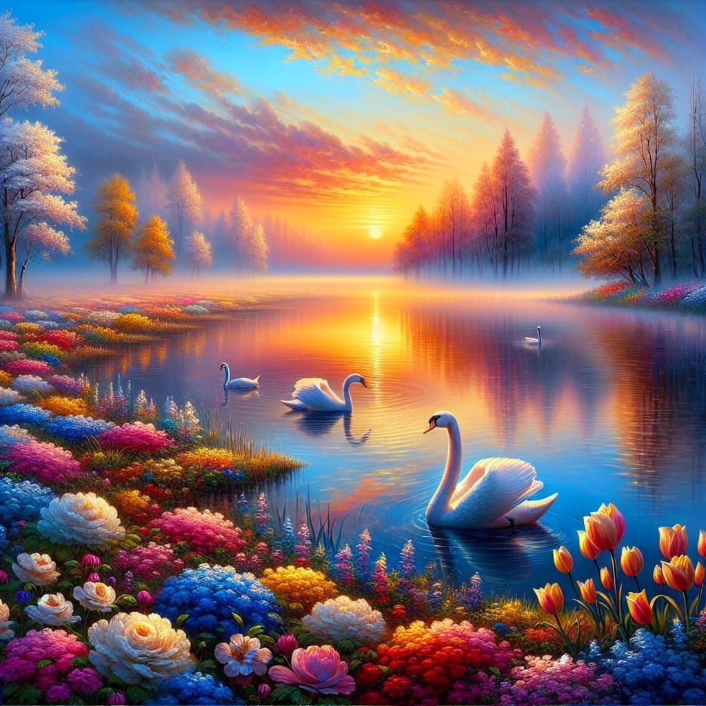 Misty Spring Sunrise Over Serene Lake with Swans