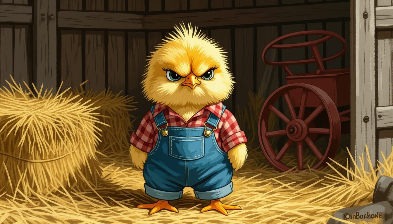 Grumpy Chick in Barn, Beatrix Potter Style