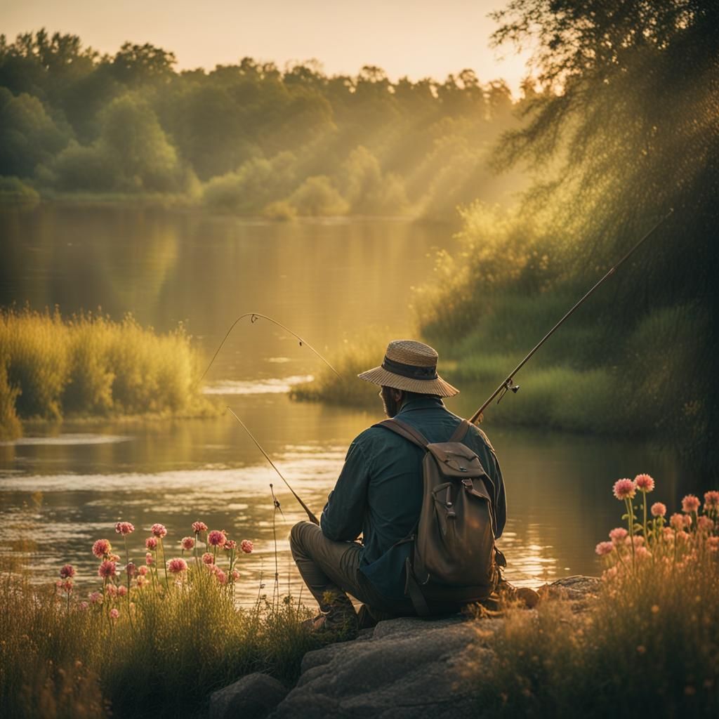 Fisherman at Sunset: Cinematic Riverbank Scene