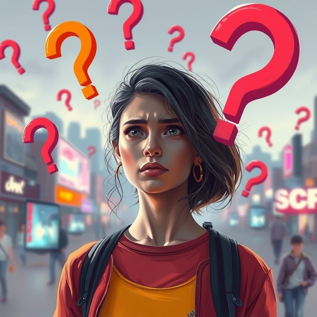 Dreamlike Woman in a City of Question Marks