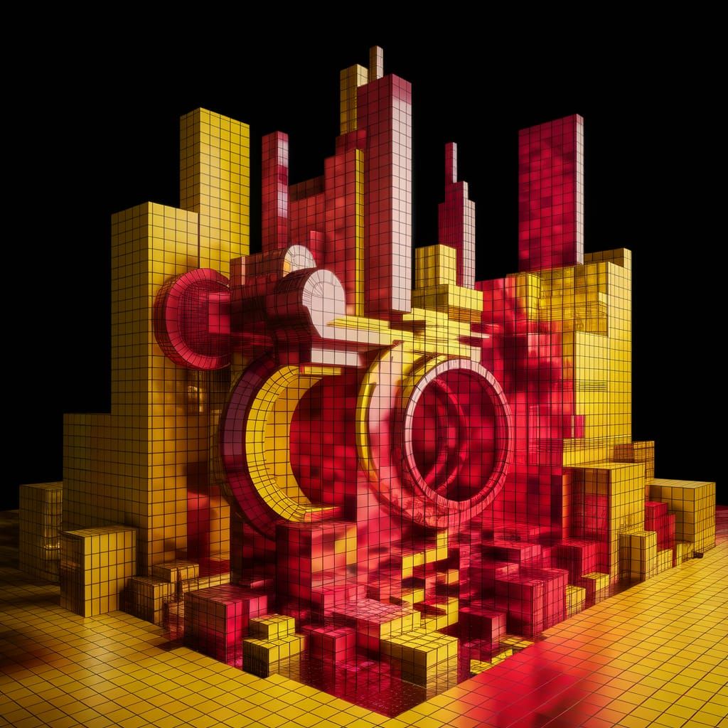 Futuristic Neo-Cubist Cityscape in Yellow and Red