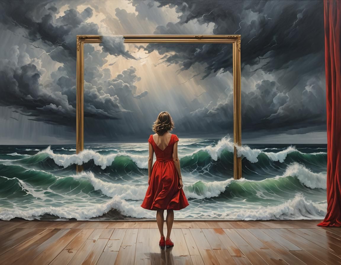 Woman in Red Dress, Torn Between Two Worlds