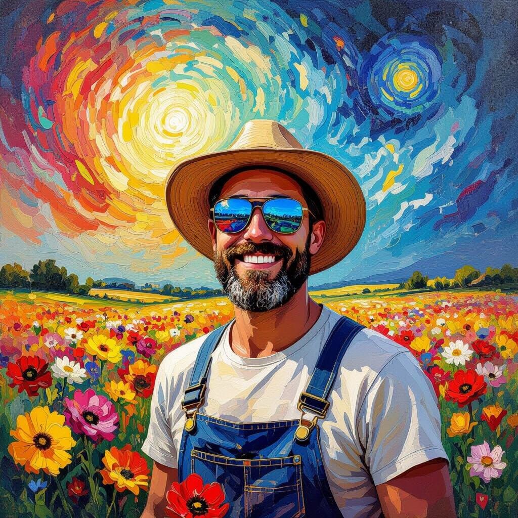 Happy Farmer in Flower Field, Neo-Impressionist Style
