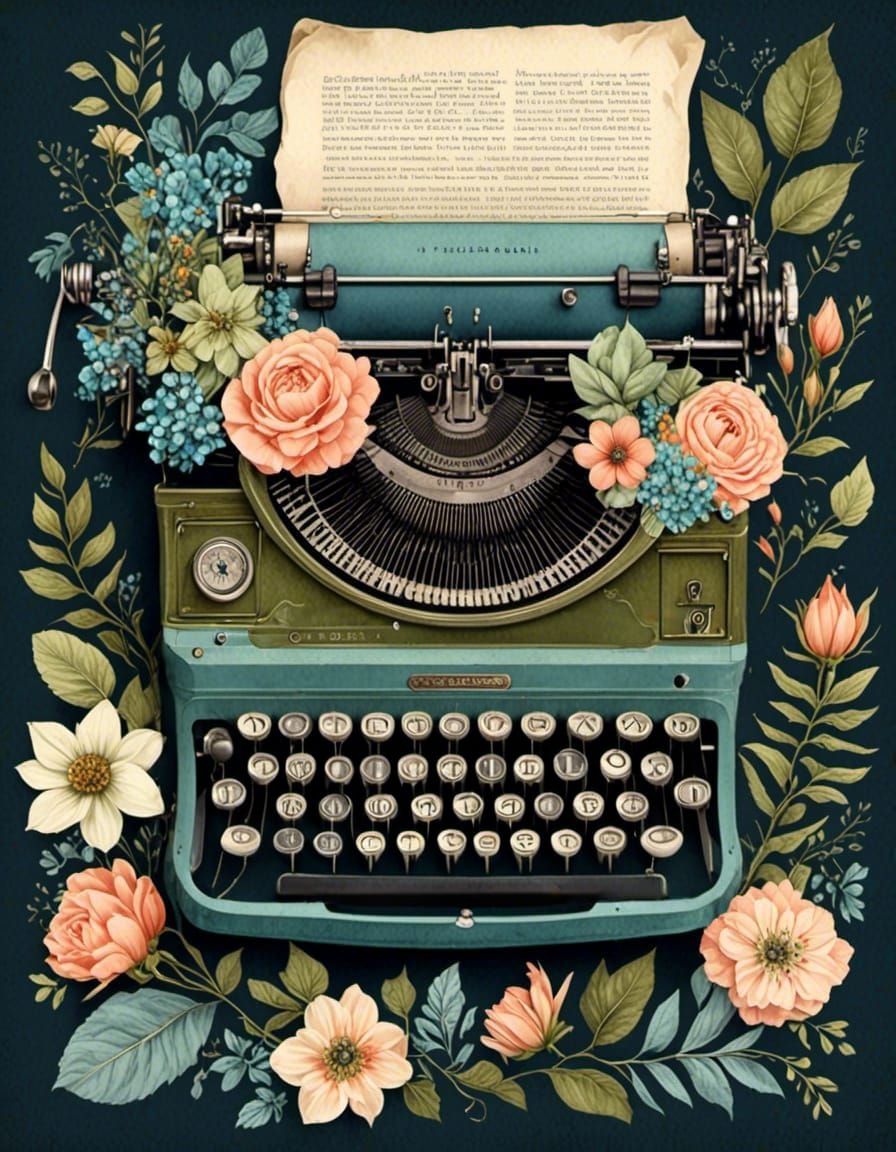 Floral Vintage Typewriter in Collage Art Style