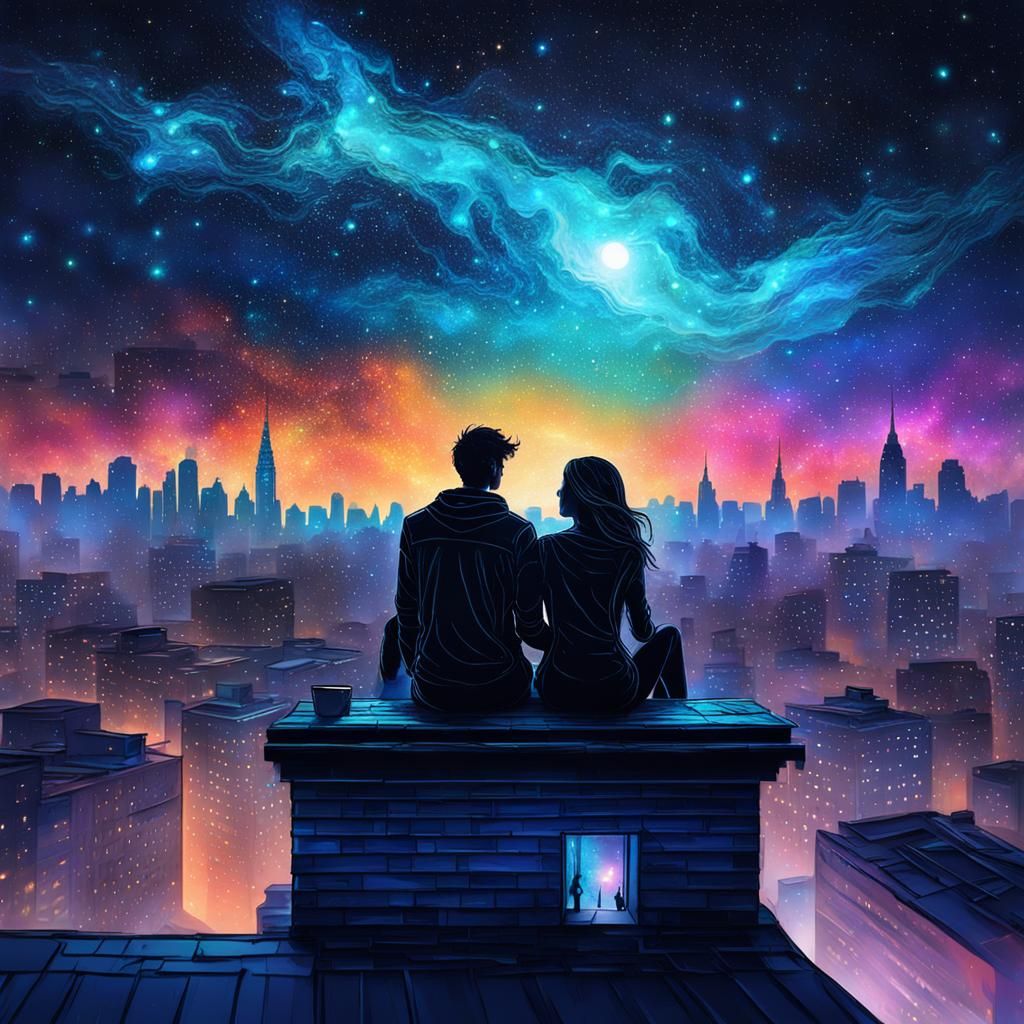 Couple Silhouetted Watching Starry Night Sky
