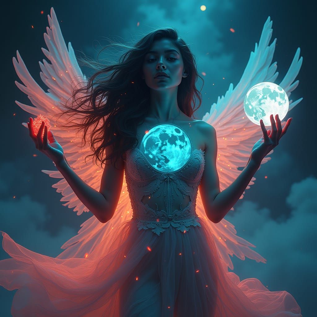 Mystical Woman Harnessing Moon Magic in Digital Art