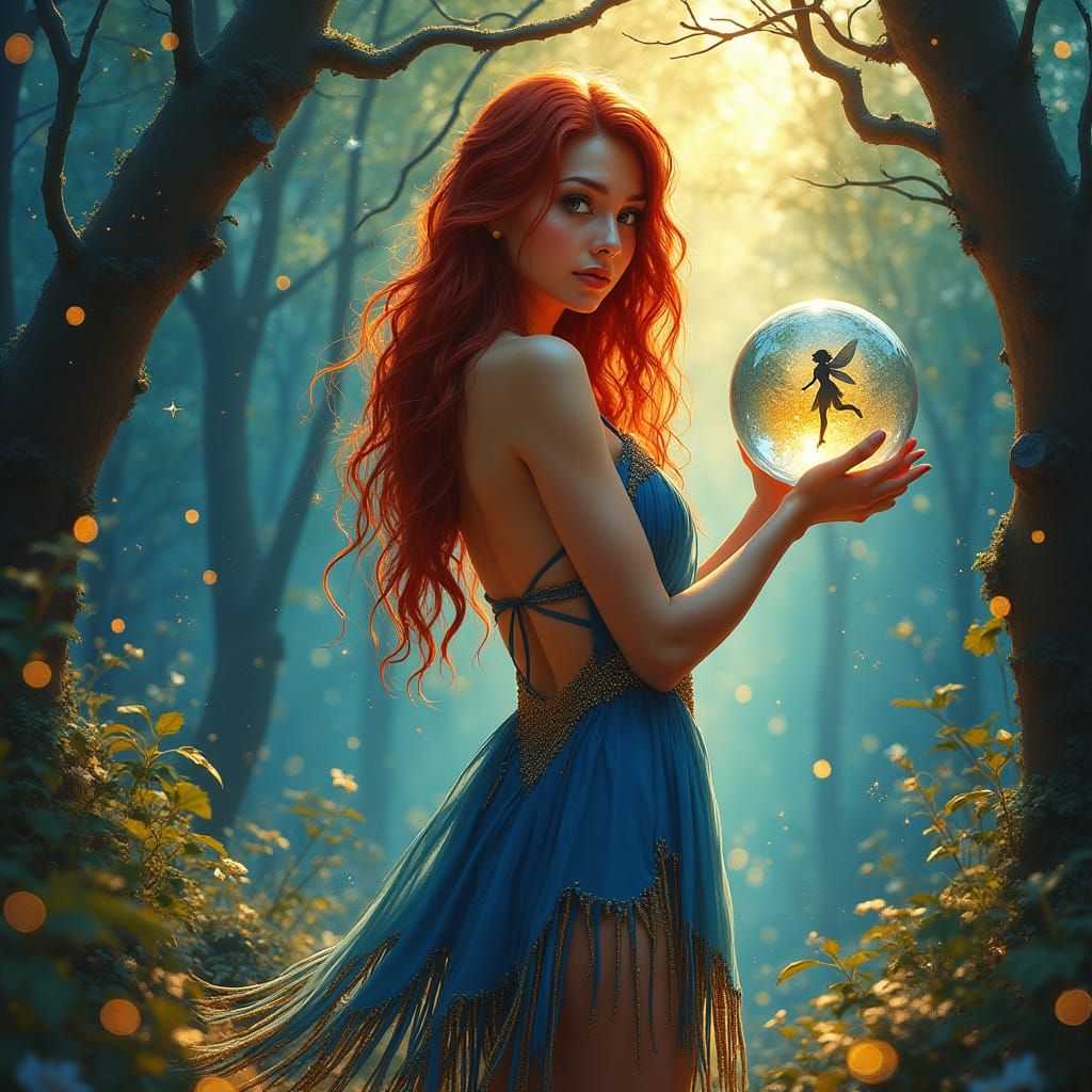 Magical Forest Woman with Fairy Globe in Street Art Style