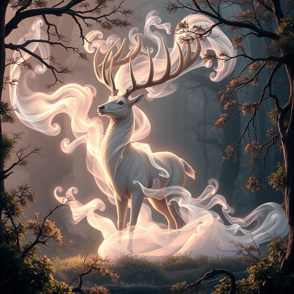 Ethereal Smoke Deer in Enchanted Forest