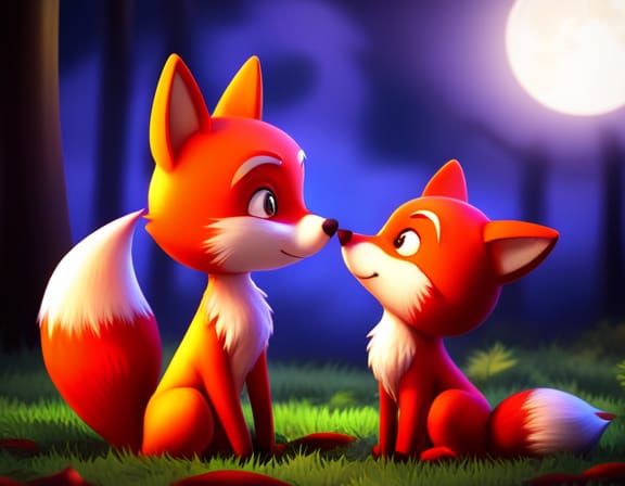 Chibi Fox Couple Kissing in Forest, Pixar Style