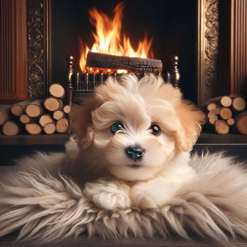 Cozy Puppy on a Fluffy Rug in a Warm Fireside Setting