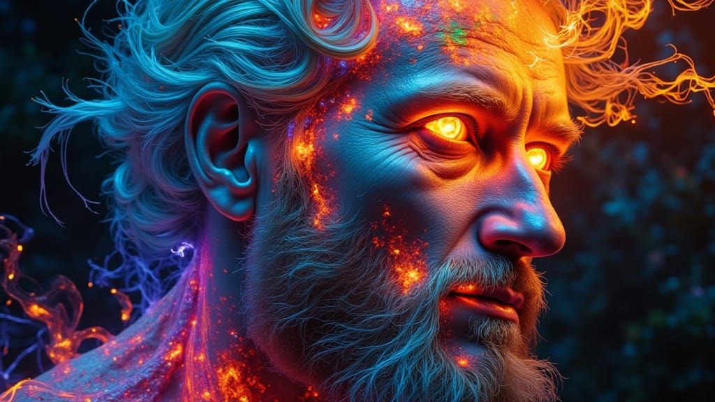 Stained Glass Fractal Art of Man with Rainbow Flames