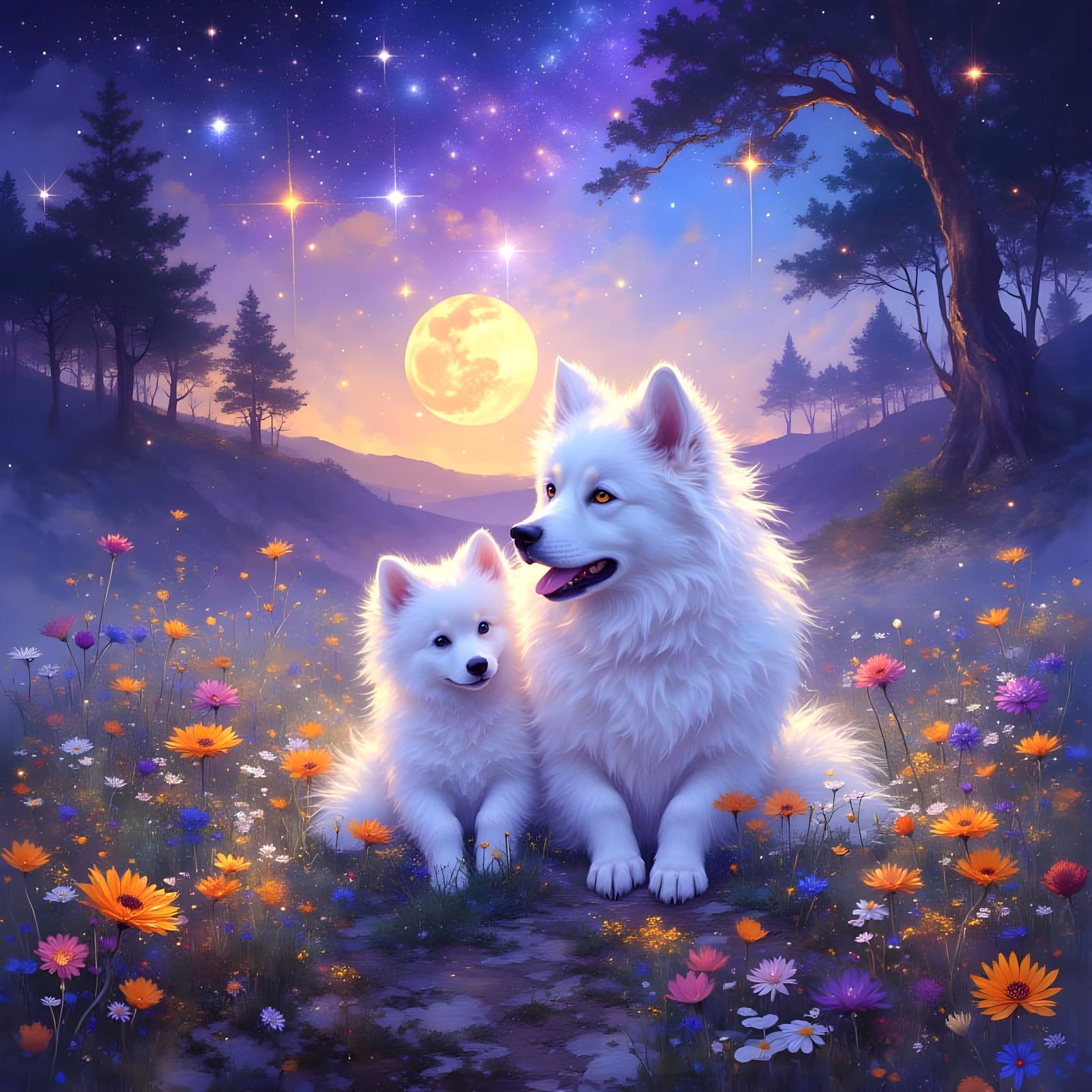 Fluffy Eskimo Dogs in Moonlit Field