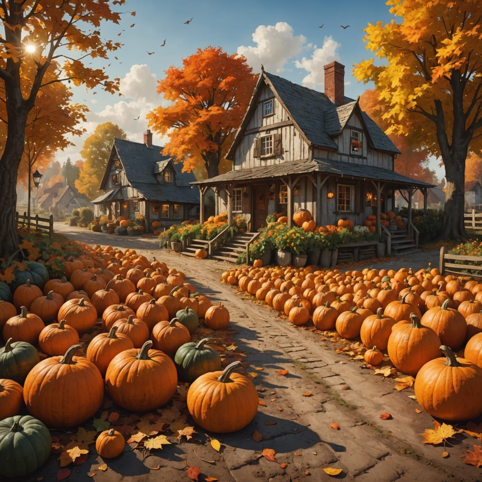 Autumn Village with Pumpkins in Hyperrealistic Splash Art