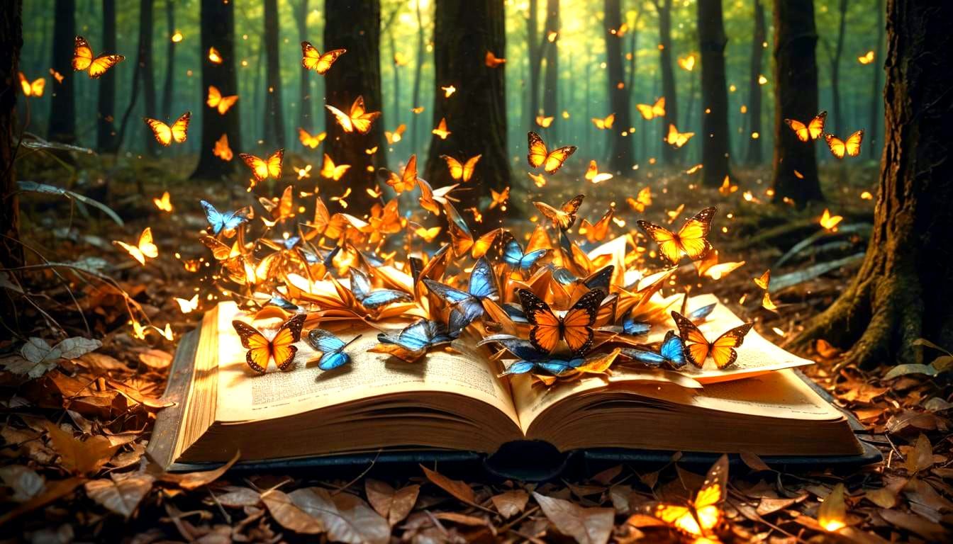Butterflies Emerge from Book in Magical Forest