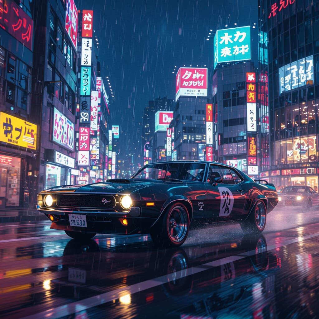 Cyberpunk Muscle Car Races Through Rainy Tokyo