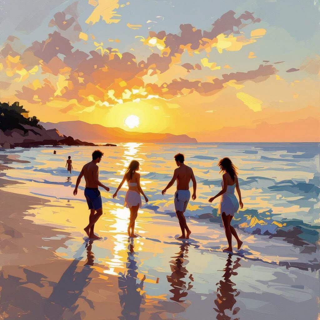 Sunset Beach Scene in Impressionist Style