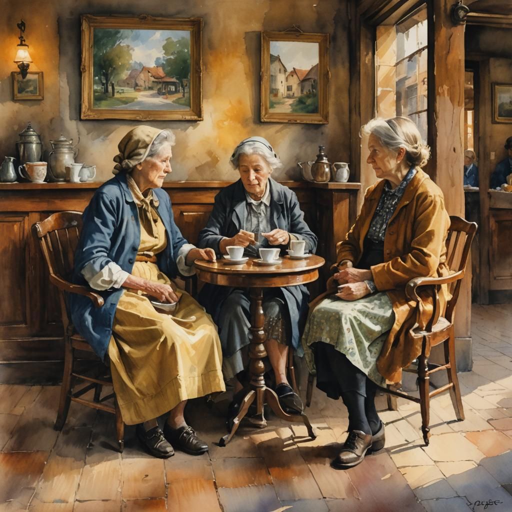 Impressionist Watercolor: Two Ladies in a Café