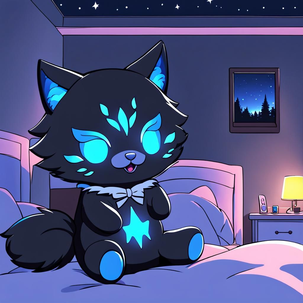 Anime Bioluminescent Wolf Plushie in Bedroom