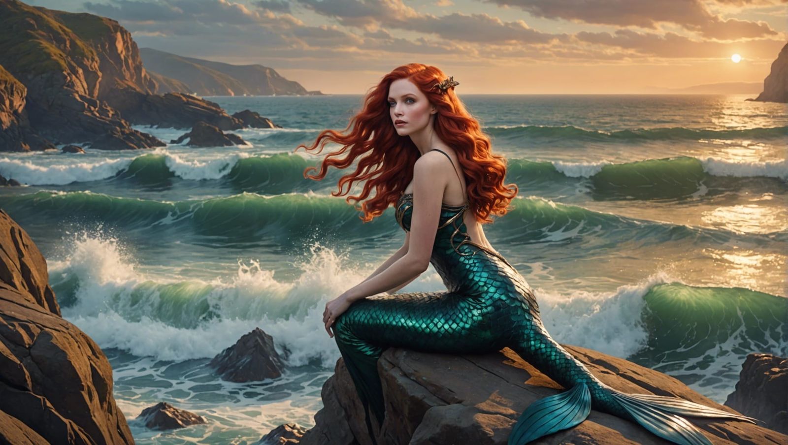 Art Deco Mermaid with Flowing Red Hair