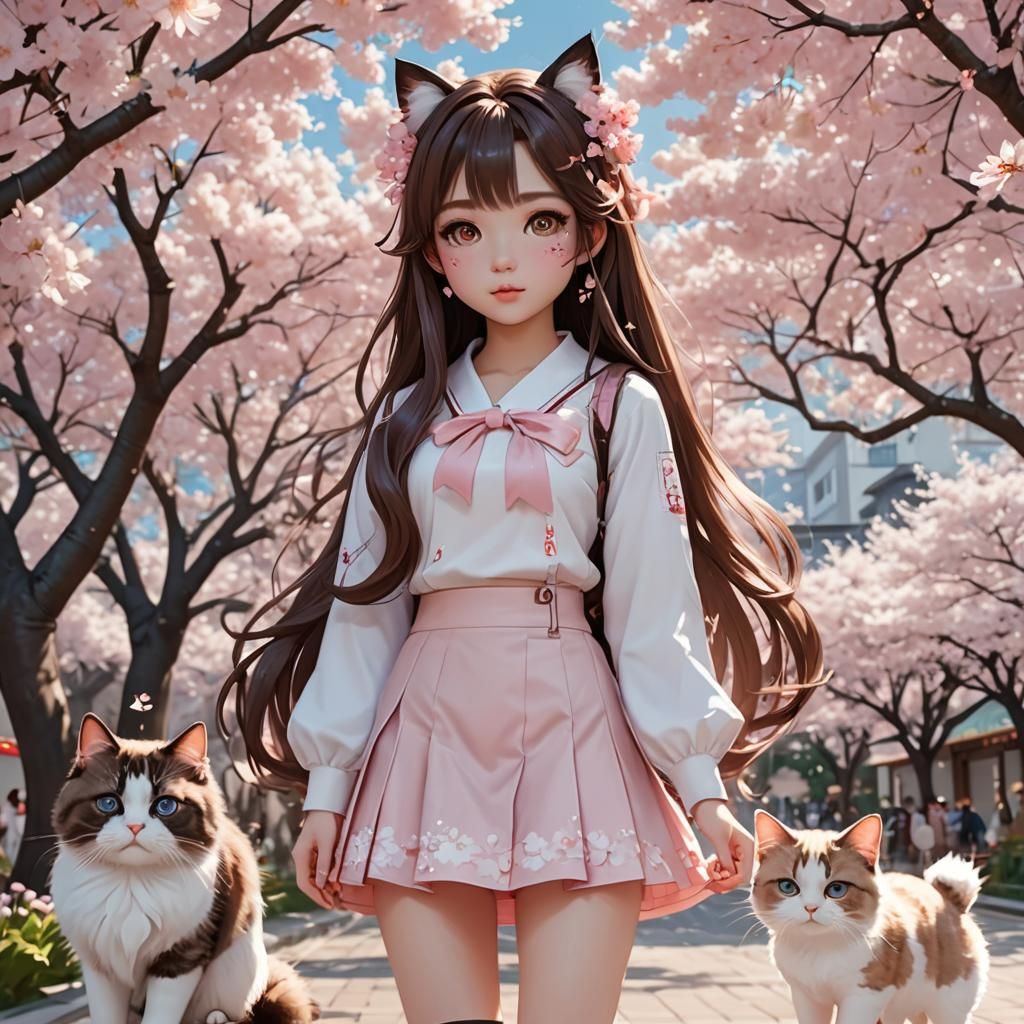 Cute Korean Girl in Kawaii Outfit with Cherry Blossoms