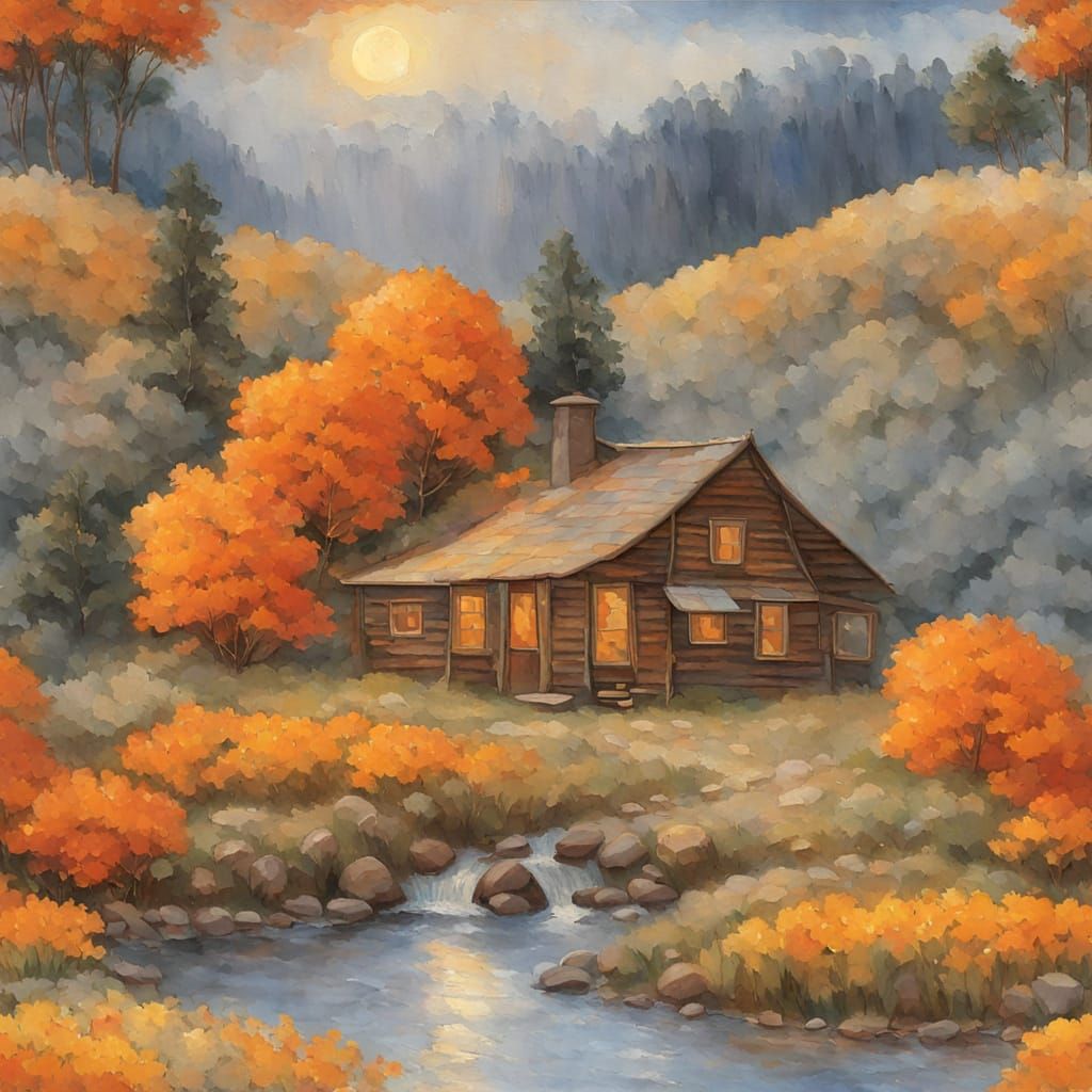 Impressionist Cabin Scene Under Full Moon