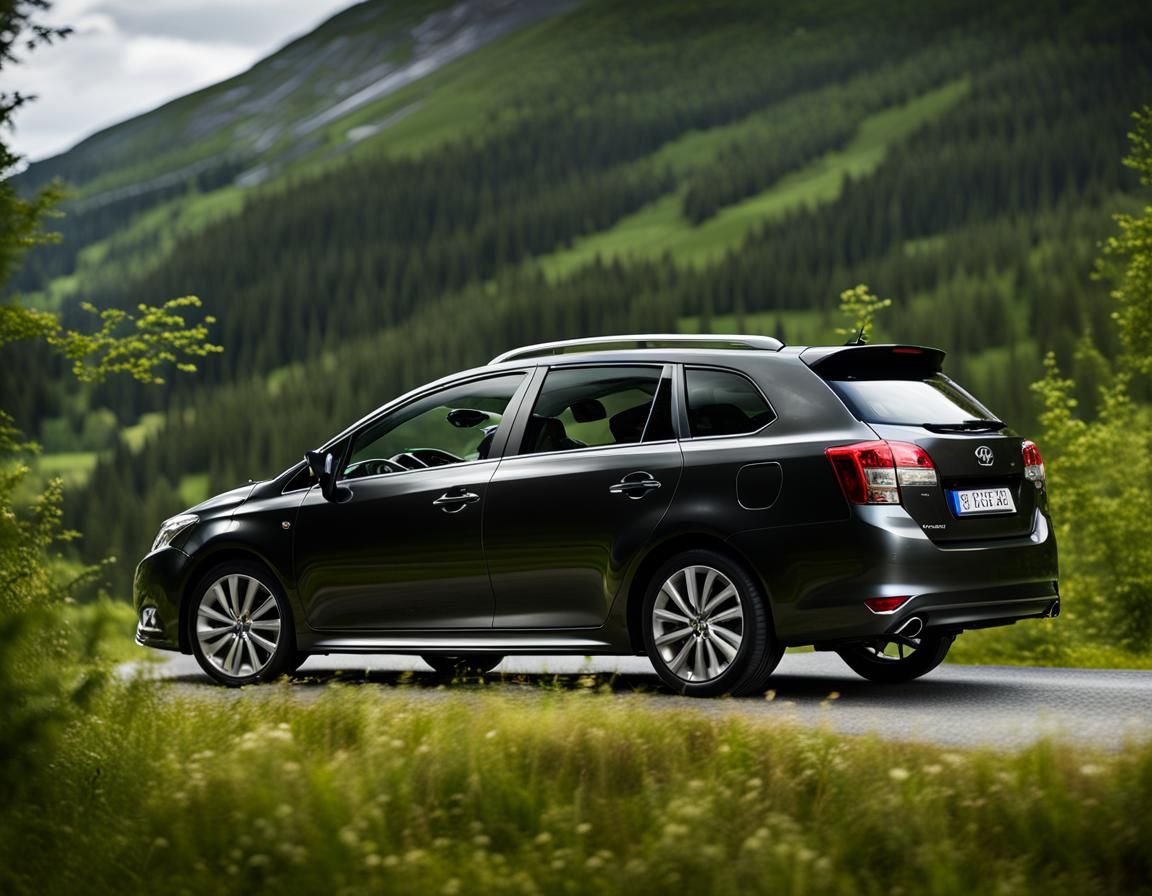 Toyota Avensis 2012, viewing from the front, 2023 driving in Norwegian mountains, dark gray metallic car, summer day war...