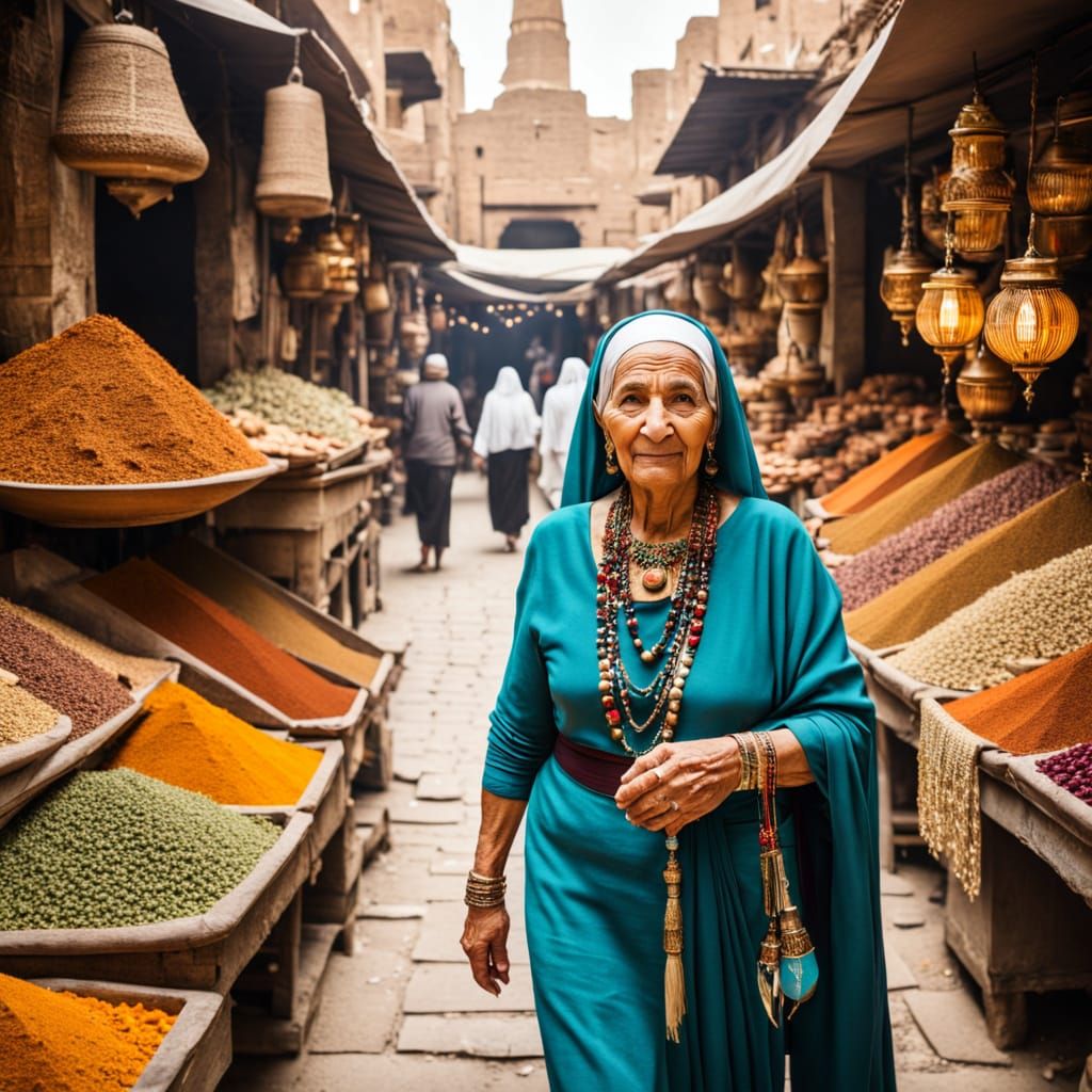 Egyptian Woman in Festive Attire Walking Through a Vibrant S...