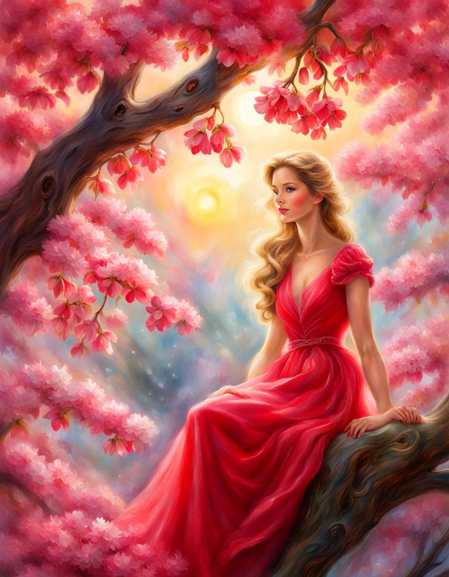 Girl Among Red Crab Apple Blossoms