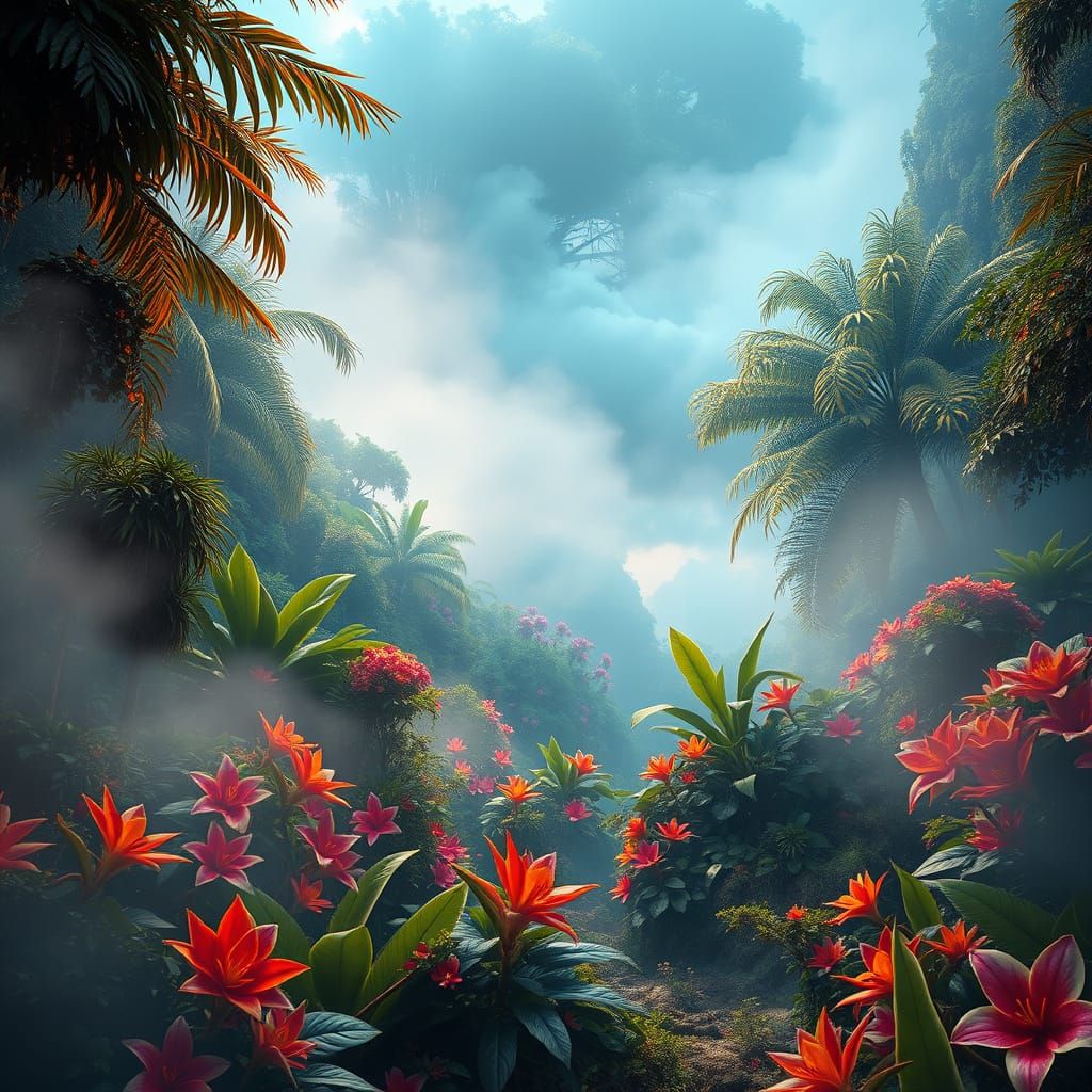 Vibrant Tropical Oasis in Enchanted Rainforest