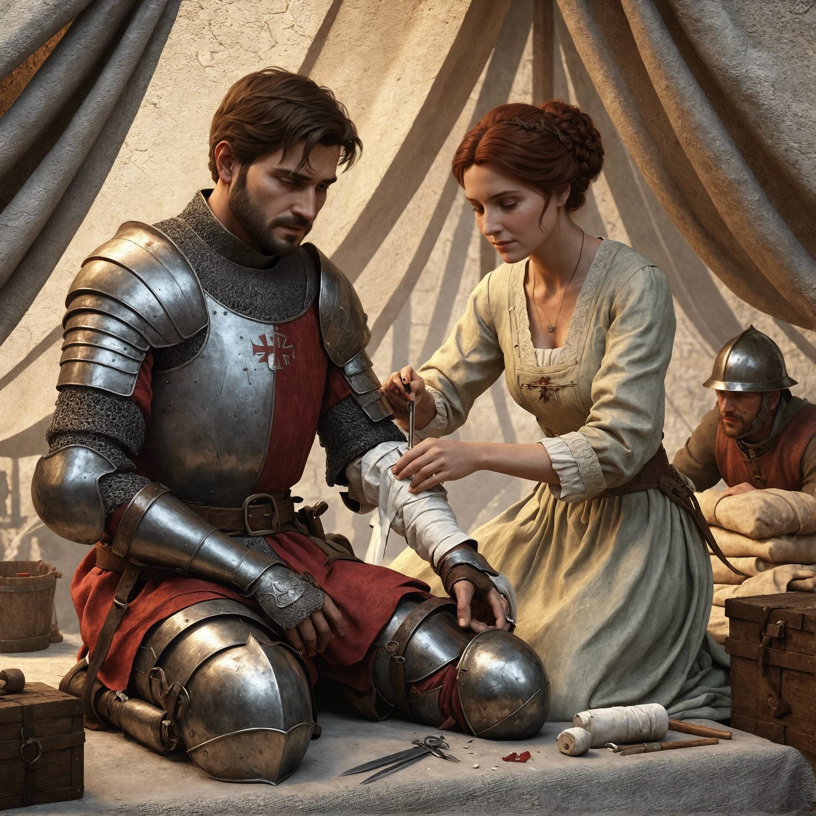 Medieval Nurse Tending Wounded Knight: CGI Illustration
