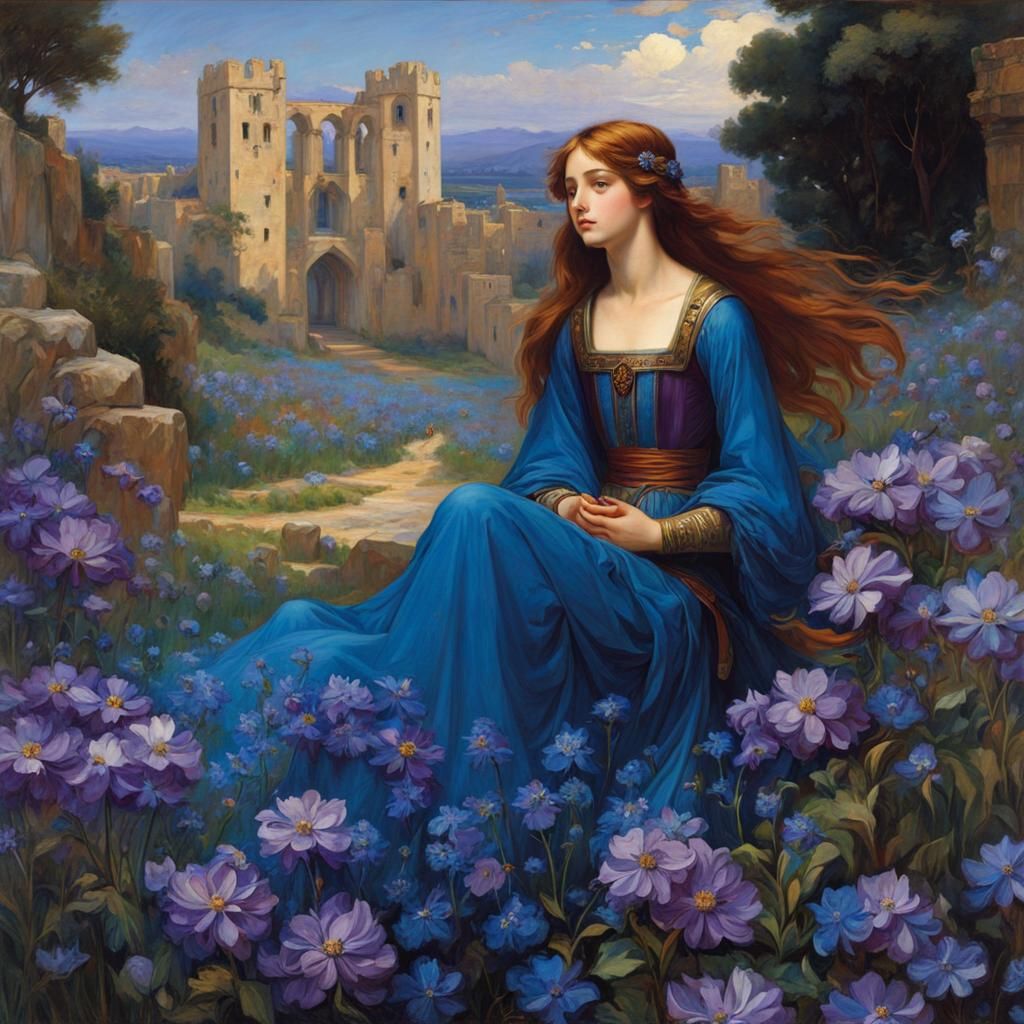 Floral Medieval Scene in Waterhouse Style